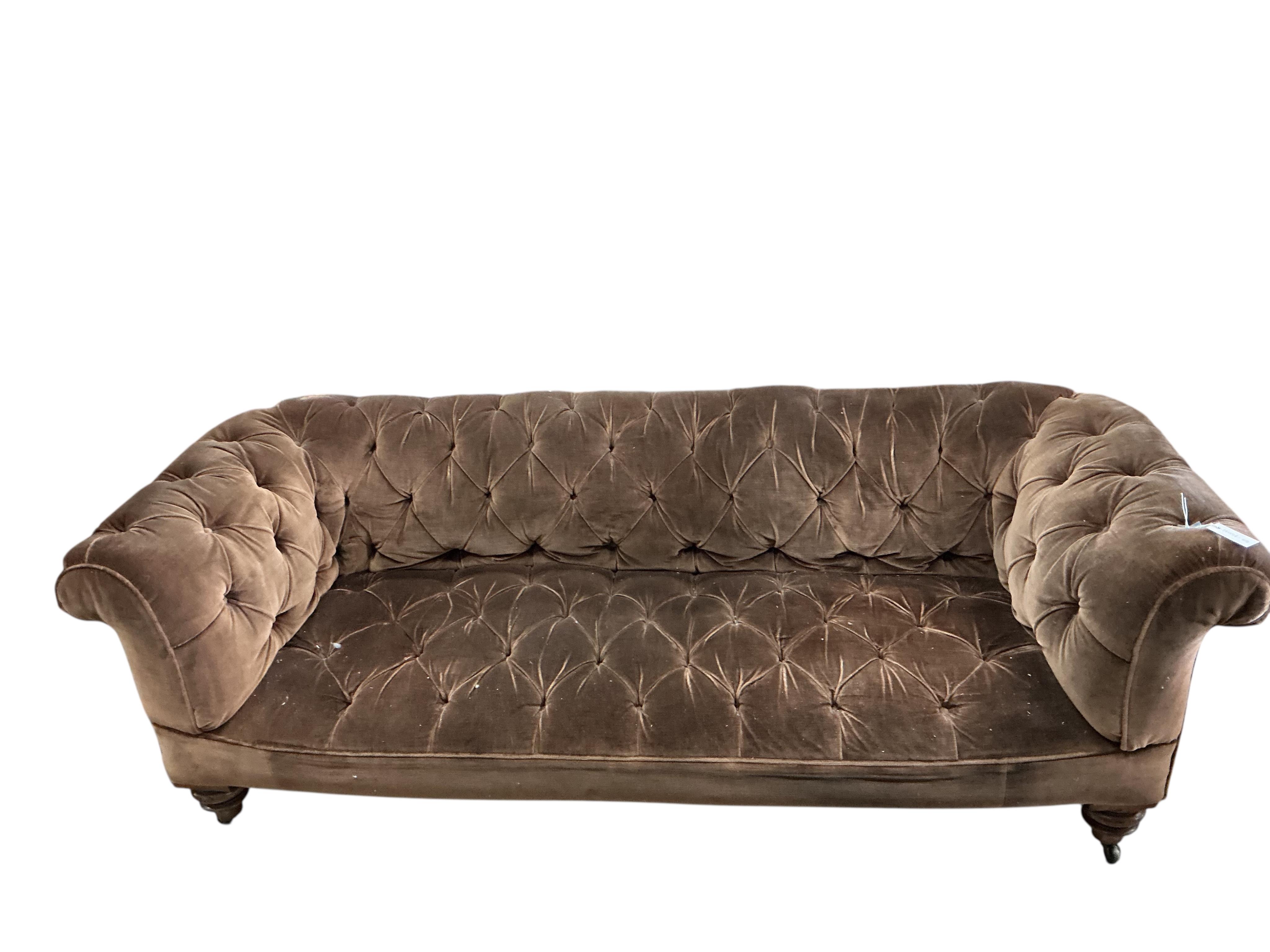 A Victorian upholstered Chesterfield settee, width 206cm, depth 82cm, height 66cm